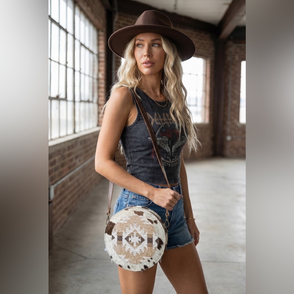 NWT Myra Hair On Hide Aztec Tribal Genuine Leather Boho Round Crossbody Handbag